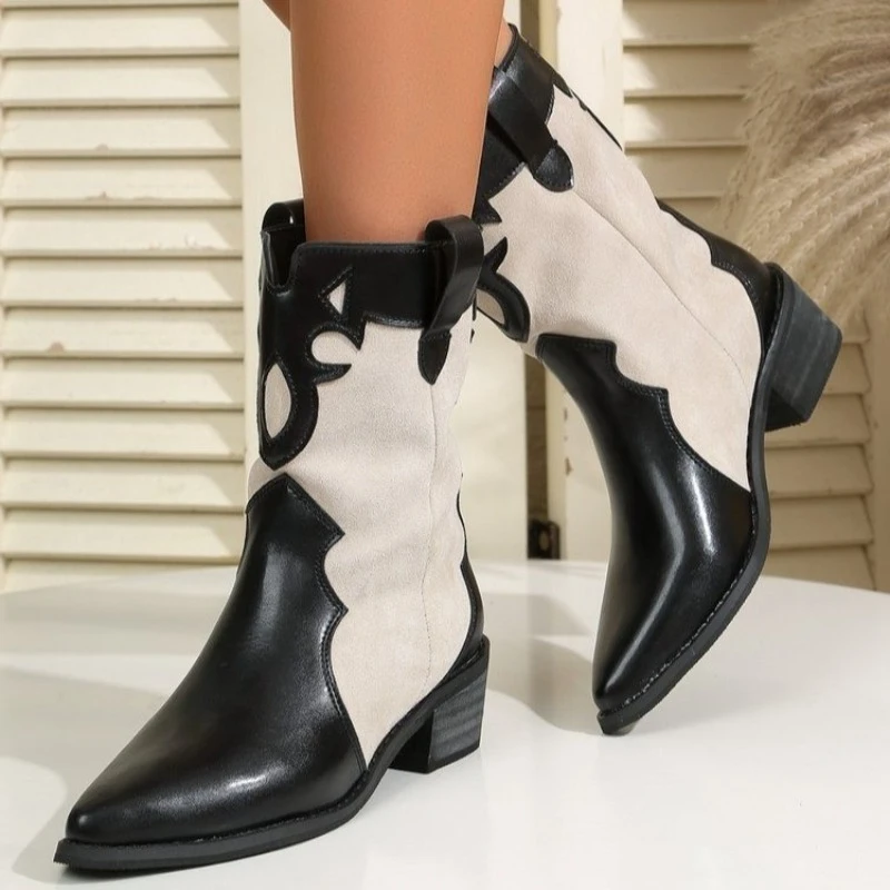 

Осенние новые сапоги средней длины на блочном каблуке с острым носком и рукавами