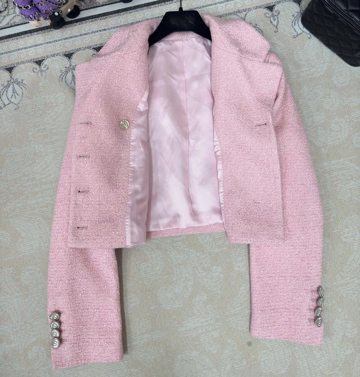 2024 Lente Catwalks Hoge Kwaliteit Mode Dames Roze Double-Breasted Tweed Jas Blazers Jassen B740