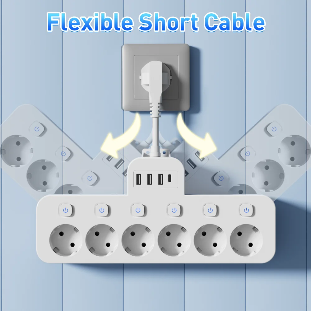 6-in-1 Short Cord Desktop/Wall Socket with Individual Switches, Featuring 6 Ac Power Outlets, White/Black, Flexible Short Cord Adapter, Multi-Socket Adapter, Plug Converter, Independent Control Switches, Suitable for Travel, Home, School.