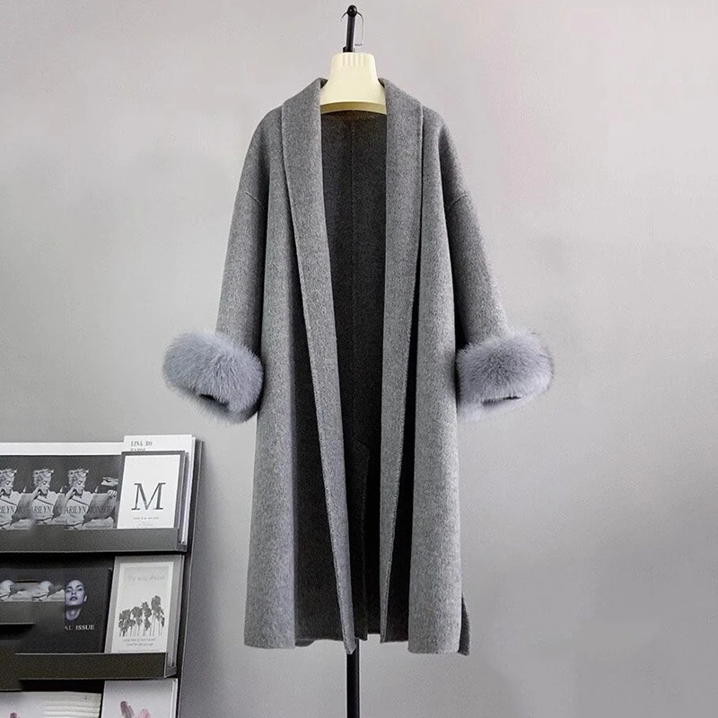 Winter Wool Blend Coat Faux-Fox Fur  Cuffs Long Hepburn Style Double-Faced Woolen Goods Cashmere Overcoat Jackets Fashion Coat