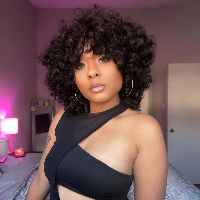 Short Curly Wigs Rose Curly Wig With Bangs Fumi Human Hair Full Machine Made Deep Wave Water Virgin Brazilian for Black Women AliExpress 200165144