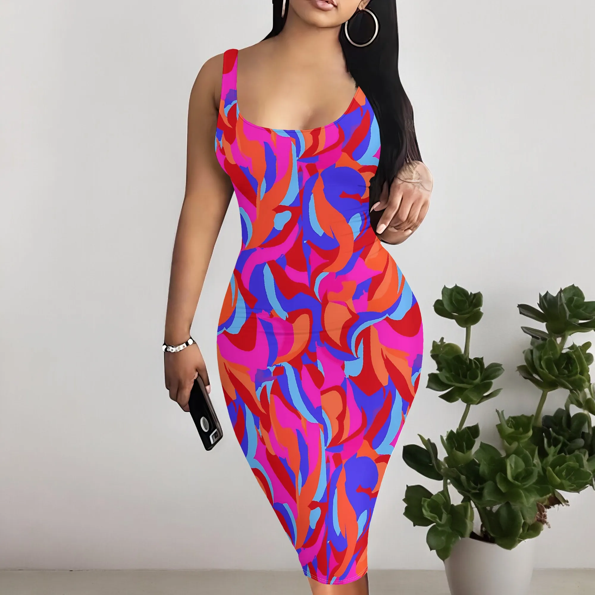 

Sexy Abstract Print Bodycon Dress for Women 2025 Sleeveless Summer Midi Clubwear Red Blue S-3XL