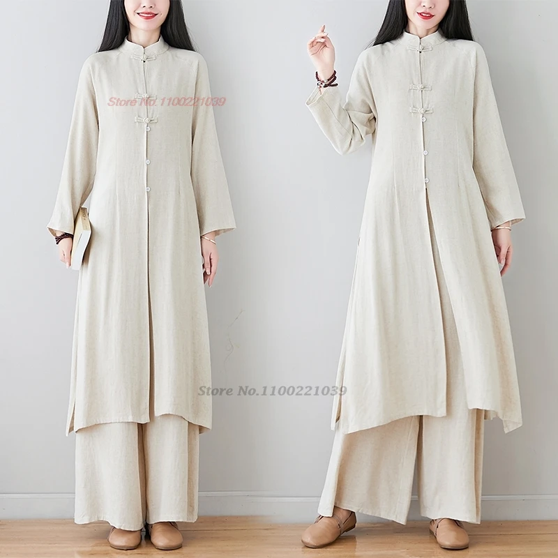 

2024 traditional chinese vintage zen suit breathable cotton linen tea service hanfu meditation tops+pants set outdoor walking