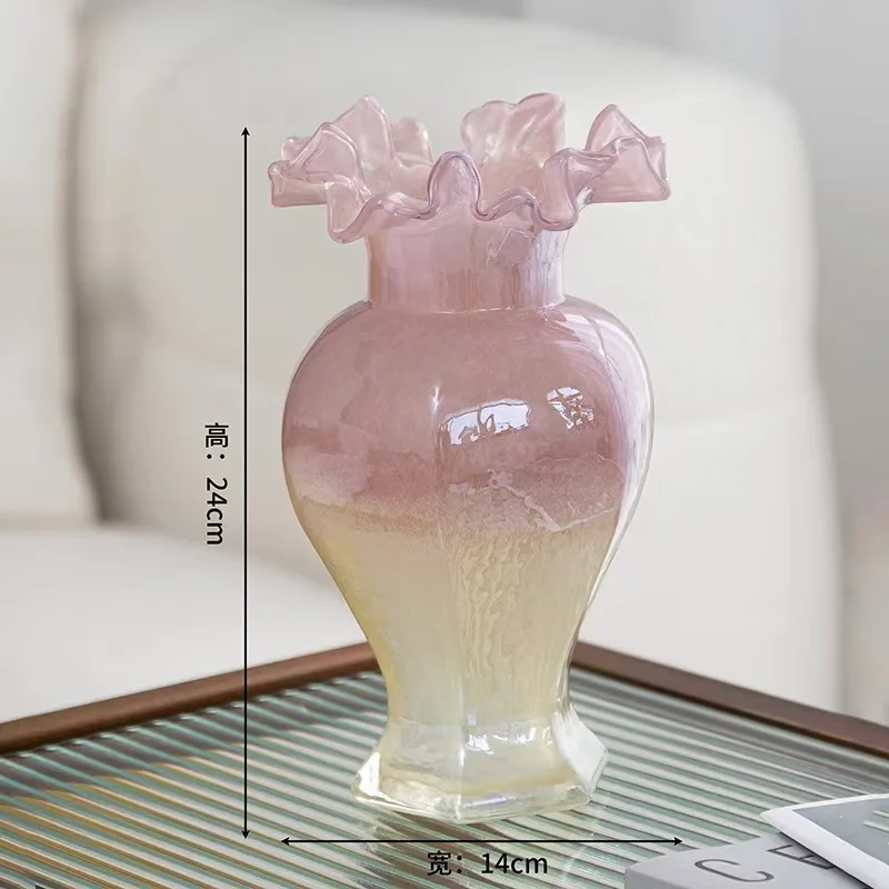 DSA medieval vase ornament pink flower arrangement decorative dining table glass home retro light luxury glazed flower ware