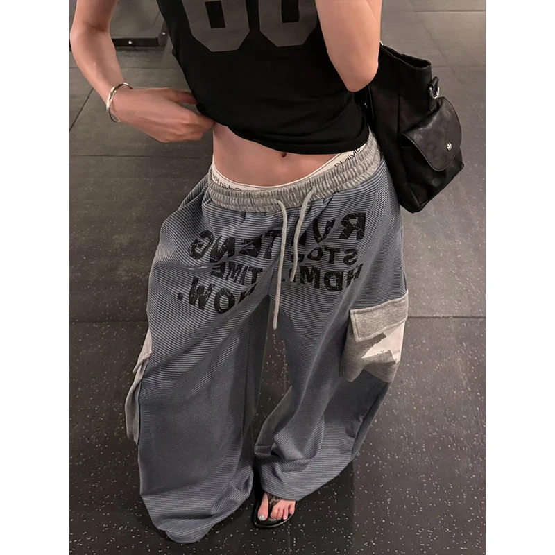 Women Black Letter Print Sweatpants Baggy Pants Harajuku Dance Pants Japanese 2000s Y2k Vintage Stripes Cargo Trousers