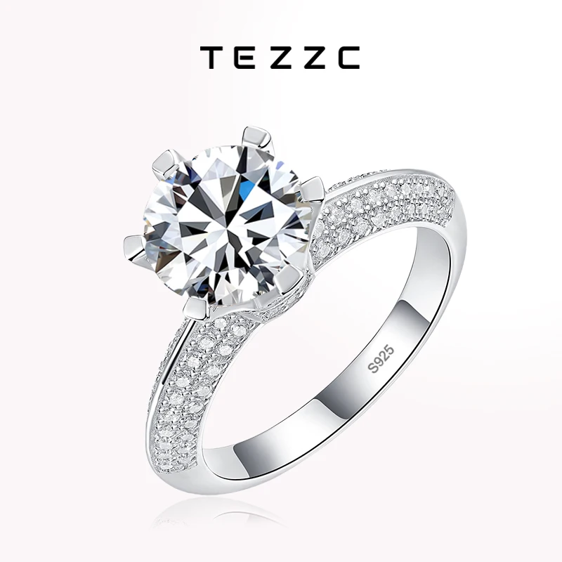 Tezzc Moissanite Ring 925 Sterling Silver with Gold Plated Pass Diamond Test For Women Wedding Rings Band with Certificates