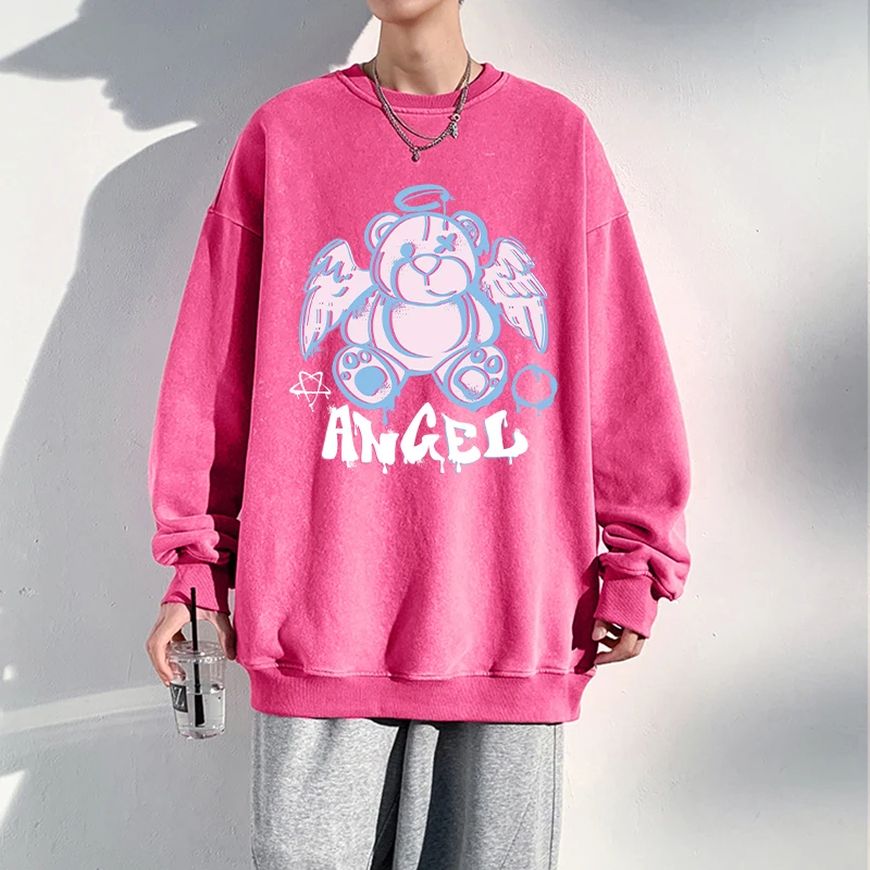 

Angel Bear Cartoon Printing Men Distressed Washed Cotton Streetwear Vintage Oversize Casual Clothes Simple Warm O-Neck Tracksuit