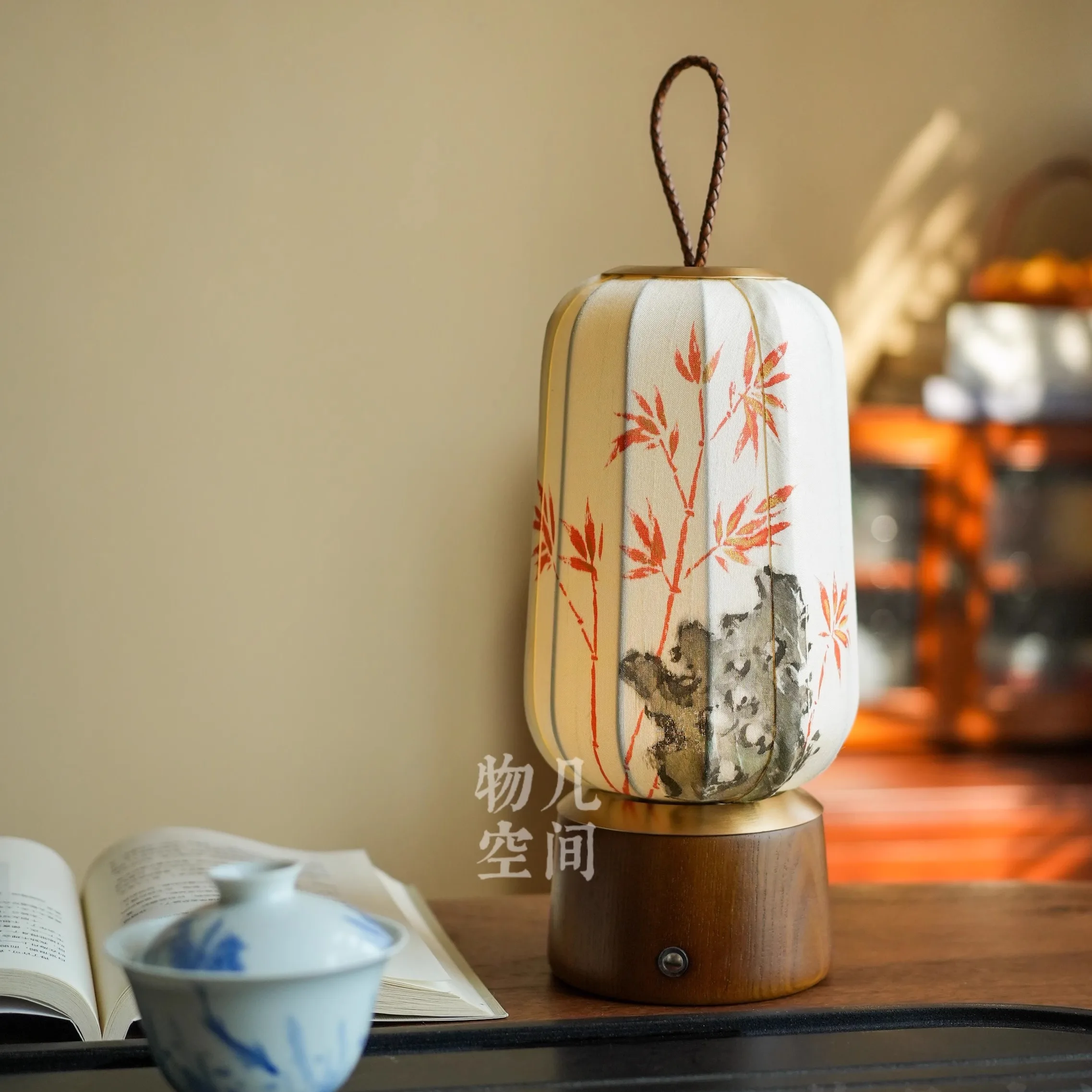 Chinese hand-painted bamboo shadow stone bedside table lamp decoration removable wireless lamp