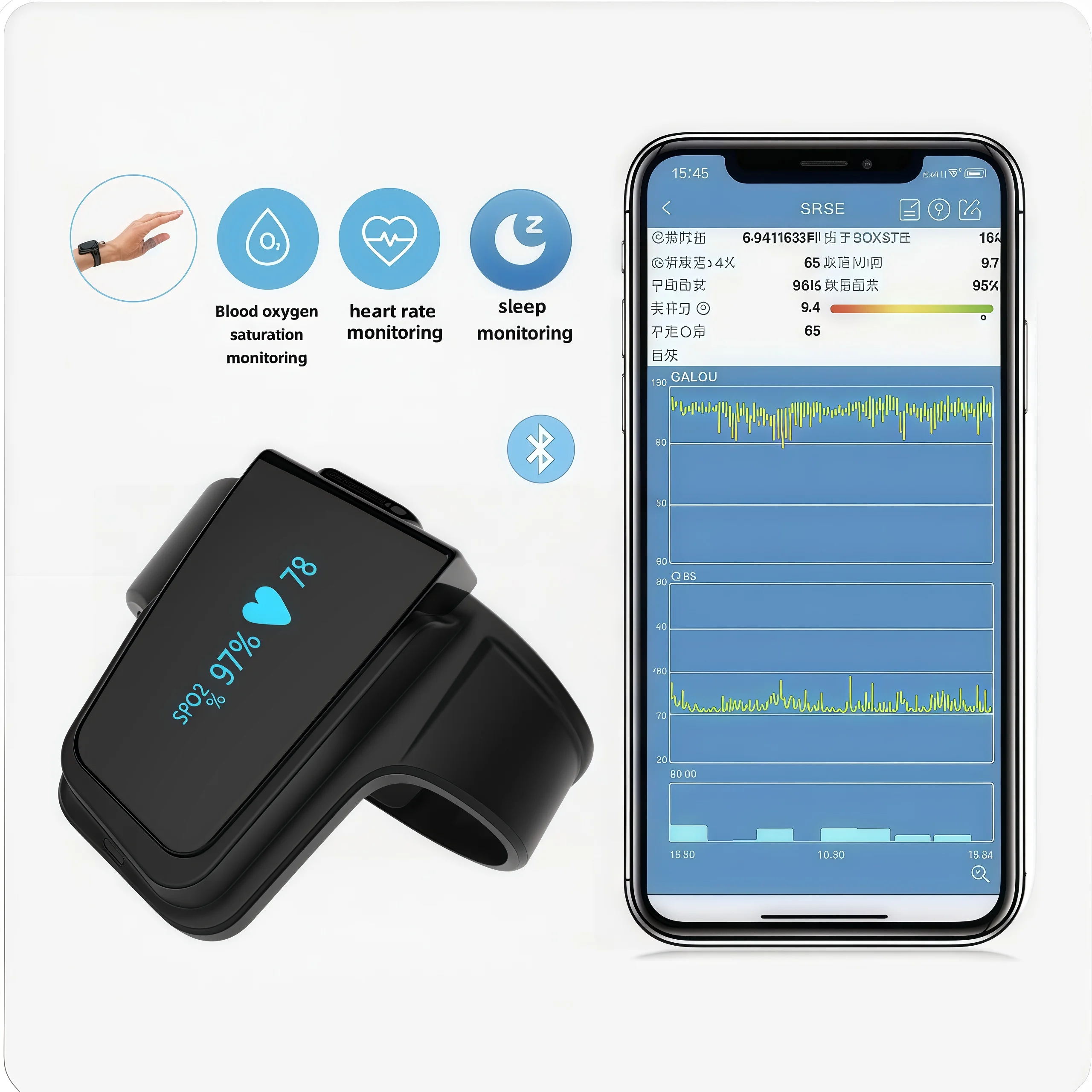 Bluetooth wrist oximeter Spo2 heart rate pulse oximeter wearable sleep apnea alarm continuously monitors blood oxygen saturation