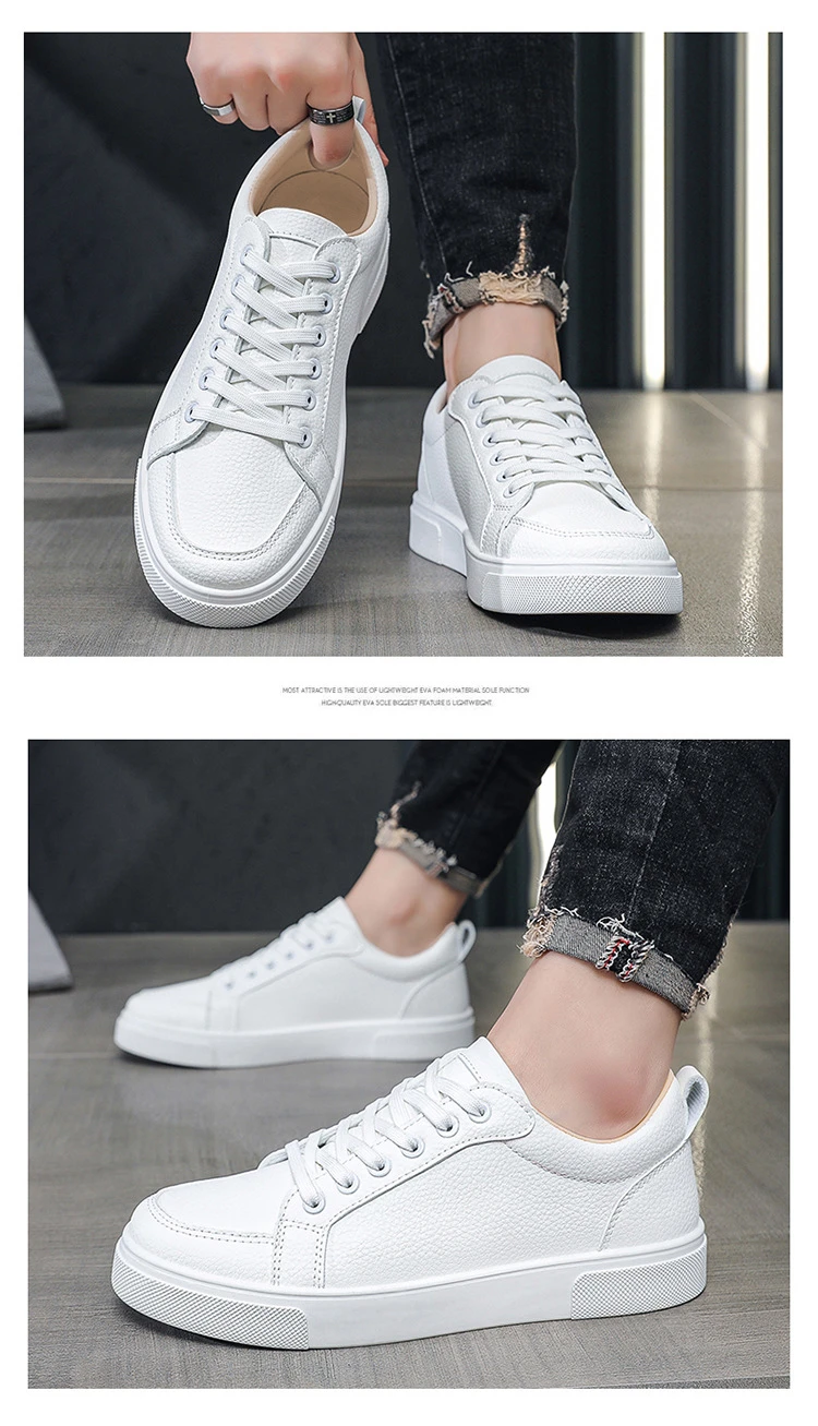 Schlichte weiße Low-Top-Sneaker aus Kunstleder für Herren, Schnürschuhe, minimalistische Skate-Schuhe, Herren-Sneaker aus Kunstleder, rutschfeste Schuhe – Detail 13