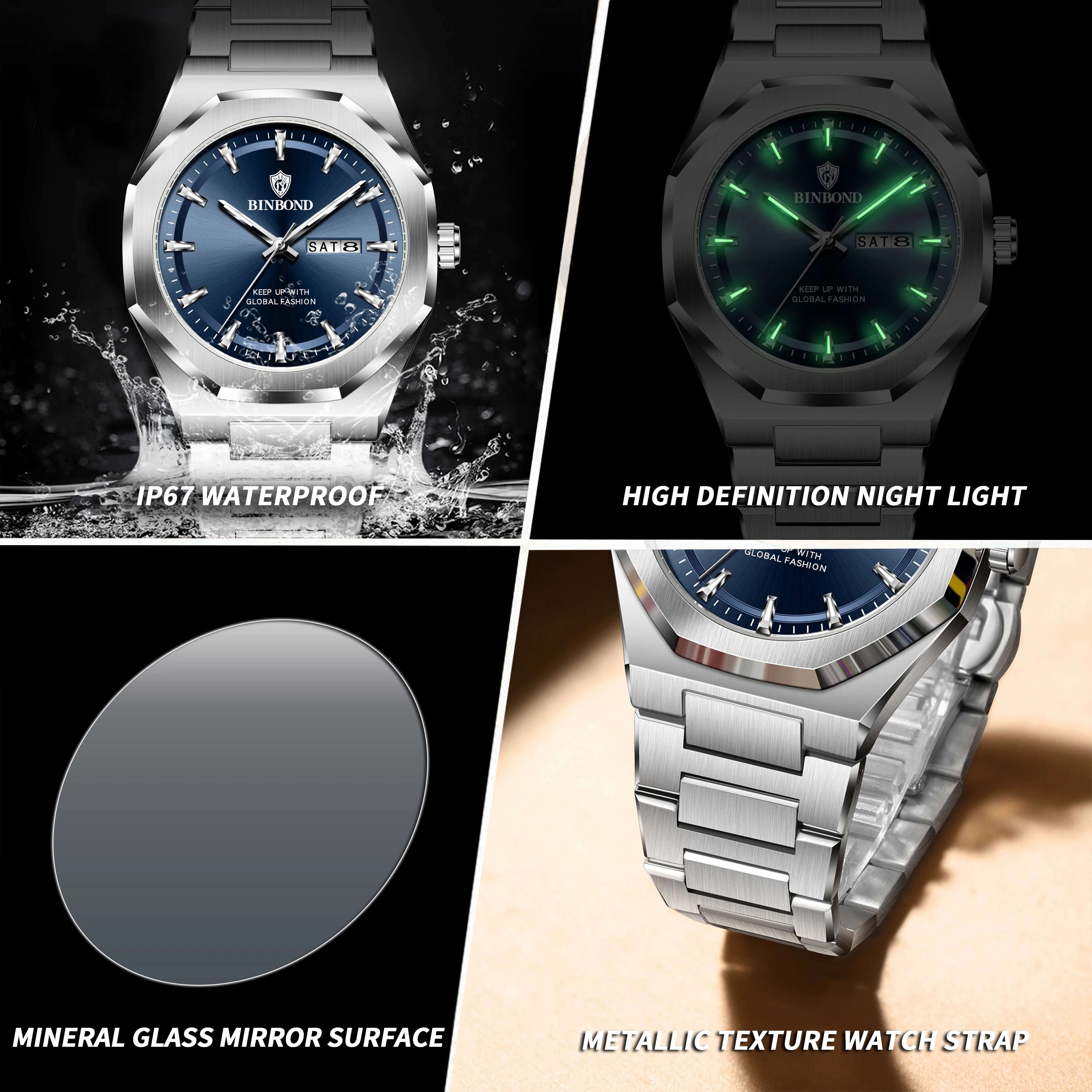 BINBOND nuovo orologio da uomo casual di alta qualità, colore di vendita caldo, orologio con funzione di visualizzazione del doppio calendario luminoso impermeabile, stainl