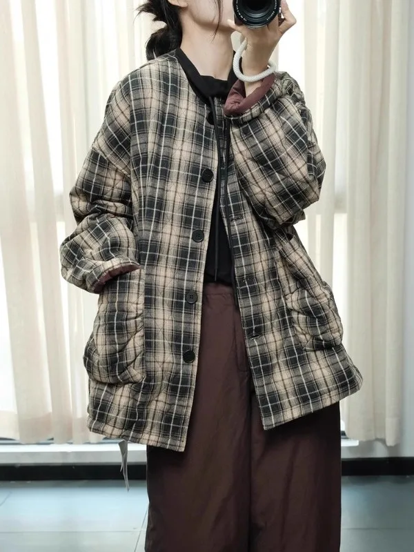 Warm Cotton Jaet Coat Retro Artistic round Ne Plaid Filling Casual Brand Women's Winter Clothing Outerwear Thiened Long...