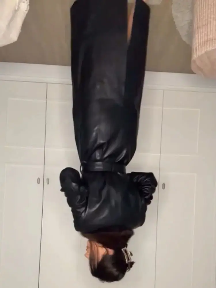 

HH женские пальто, черные меховые отложные воротники с длинными рукавами, украшенные шнуровкой, однобортные женские модные теплые зимние куртки