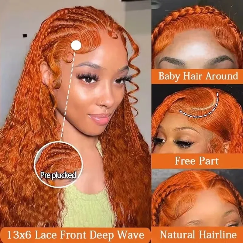 #350 Ginger Orange Deep Wave Human Hair Wig For Women 16 34 Inch 13x4 HD Lace Front Human Hair Wigs Pre Plucked with Baby Hair