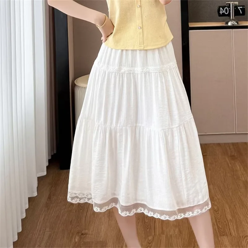 2026 Spring Summer Loose Elegant Women Slimming All Match Vintage Long Skirts French Design Lace Spliced White Skirt For Women