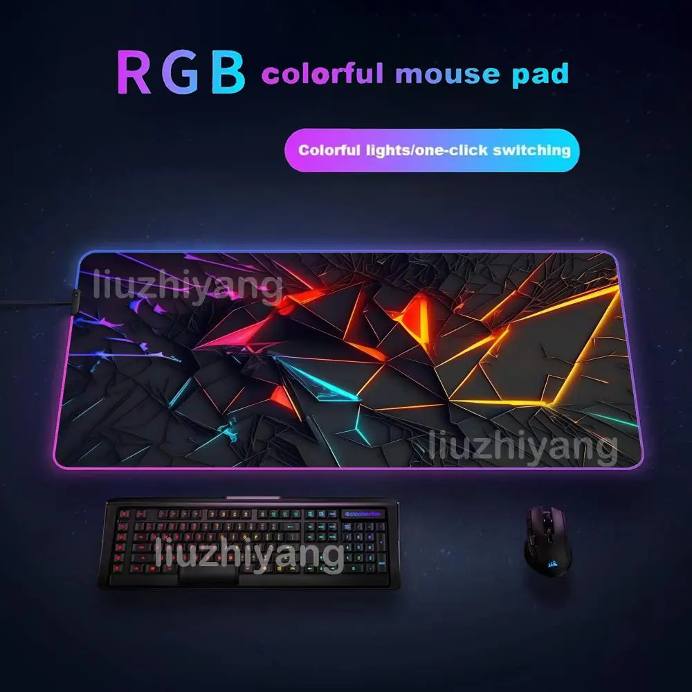 

Коврик для мыши с неоновой геометрией, большие игровые коврики для мыши RGB, светодиодный светильник с замком по краям, игровые аксессуары, настольные коврики, коврик для клавиатуры ПК XXL 90x40 см