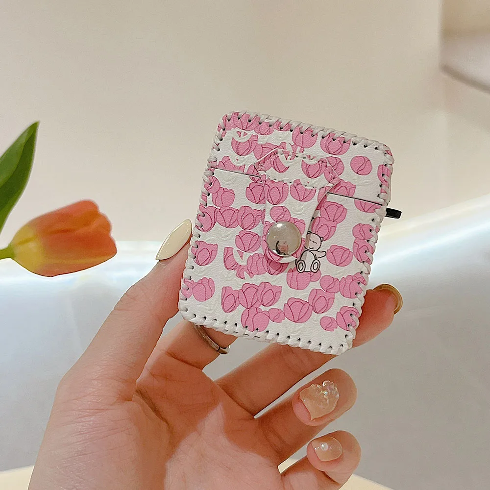 Custodia per auricolari in pelle di lusso per AirPods 3 2 Pro morbida rosa tulipano foglie fiori copertura quadrata per scatola di ricarica per cuffie Air Pods