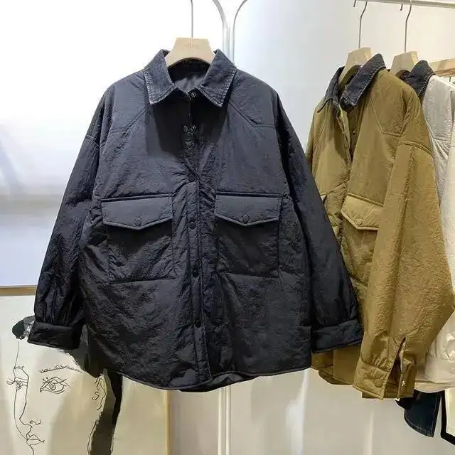 ملابس خارجية شتوية فضفاضة بأكمام طويلة وياقة مقلوبة ملابس نسائية وصلت حديثًا سترة قطنية مريحة بنمط كسول مقاس كبير #2