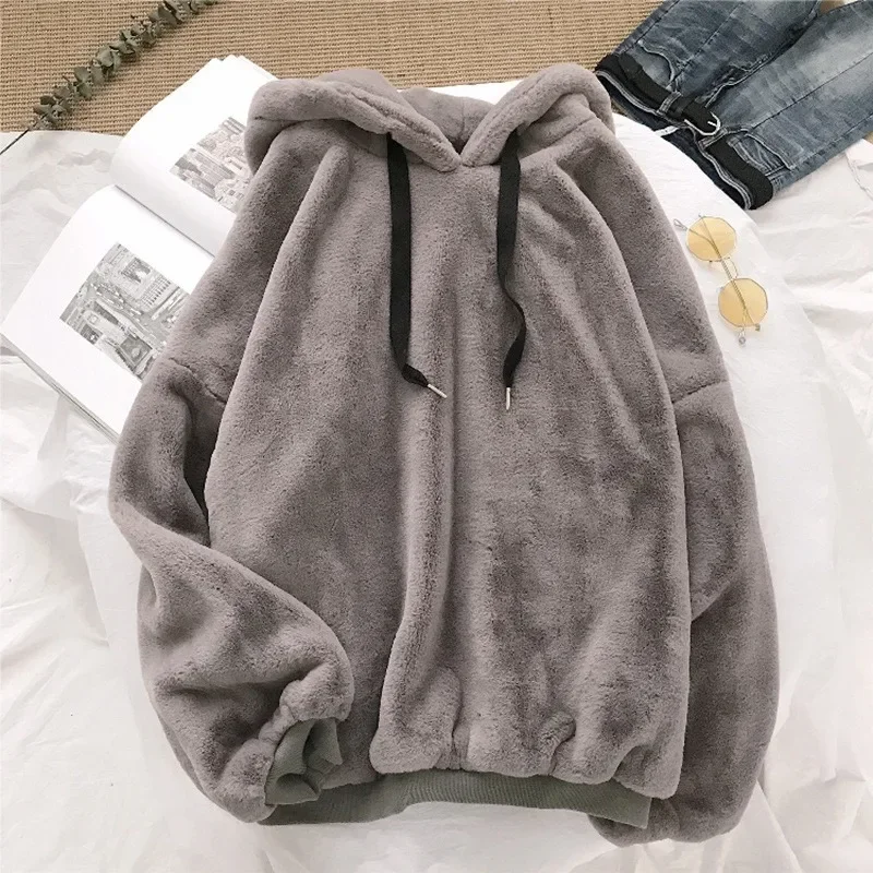Autumn Winter Warm Double-sided Plush Hoodies Women Korean Solid Loose Long-sleeved Pullover Coat Y2k Casual Sweatshirts