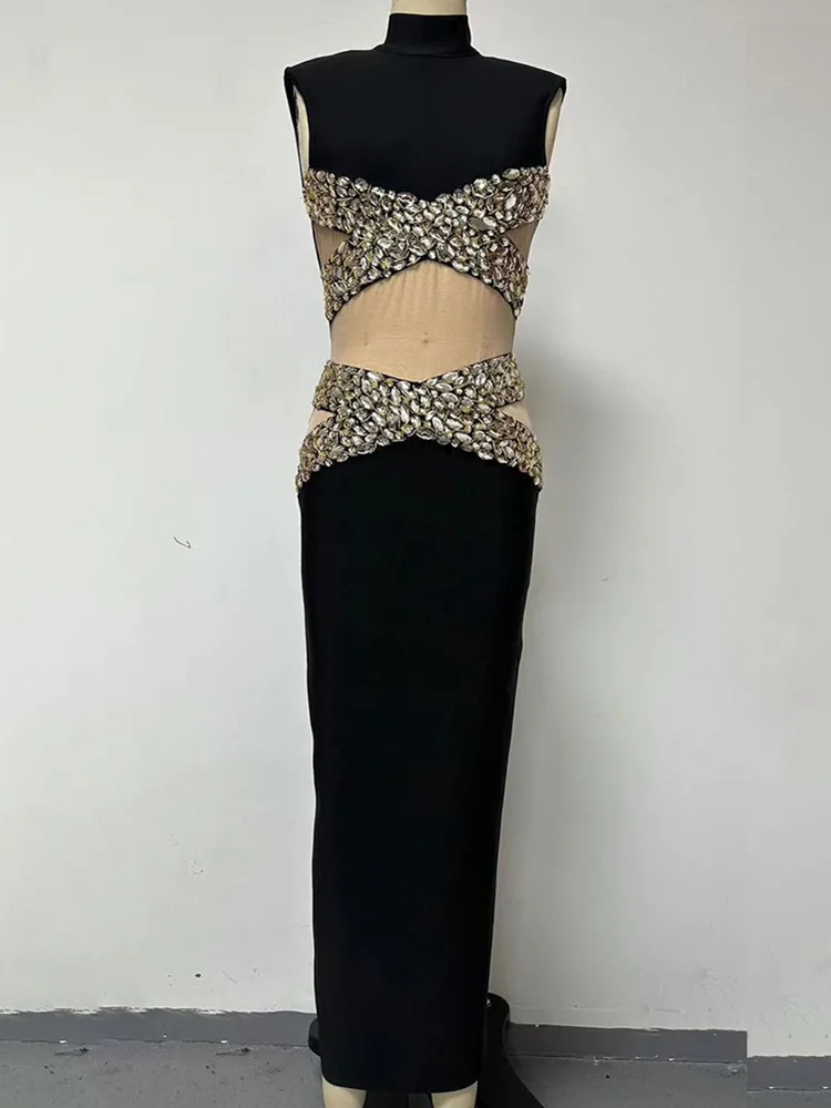 Luksusowe kobiety Celebrity Sexy Tank Black Beading Maxi Long Split Bodycon Bandage Dress 2024 Elegancka wieczorowa sukienka klubowa