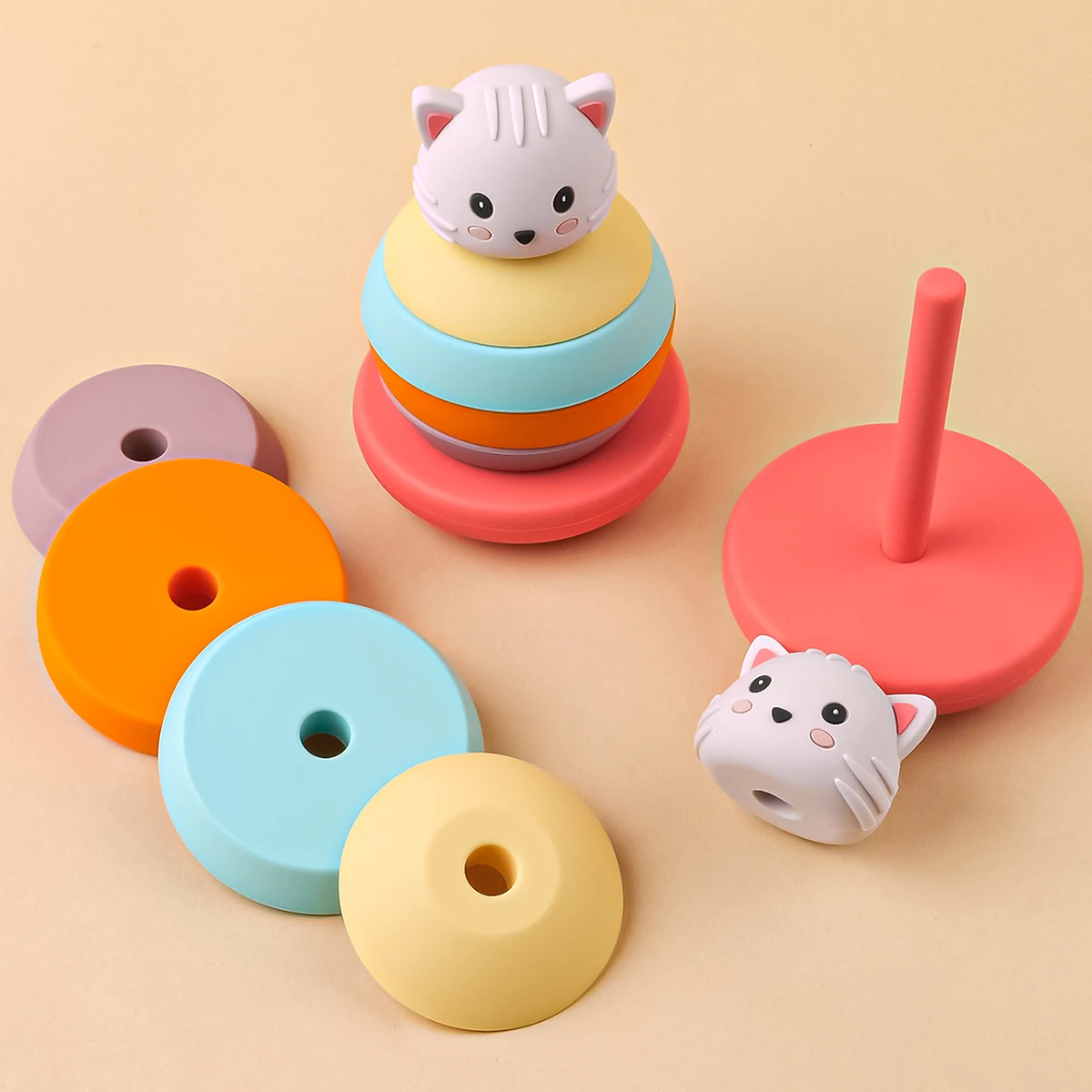 1 Set Cute Cat Building Blocks Baby Montessori Toys Soft Building Blocks Silicone Stacking Blocks baby birthday Gifts