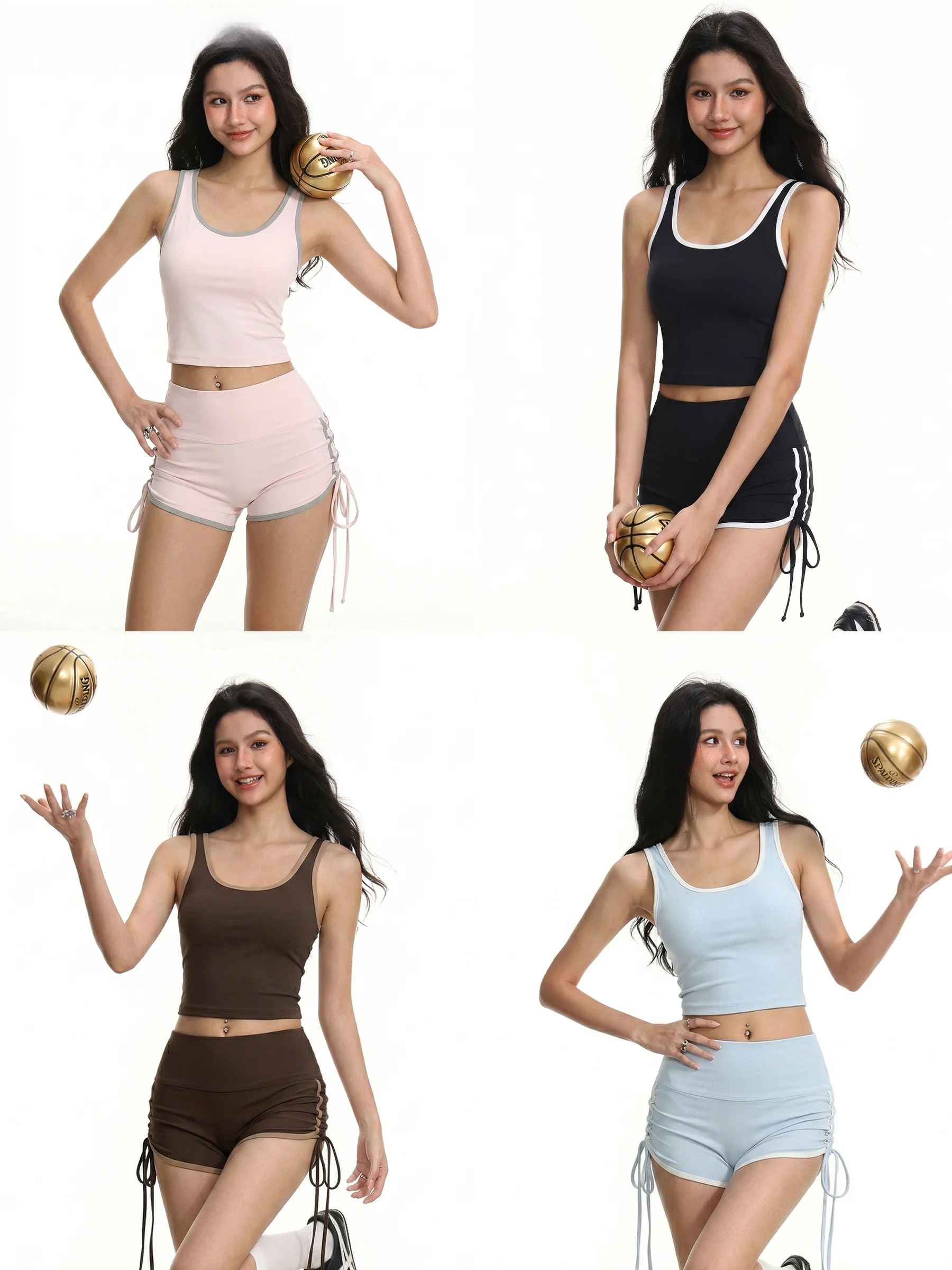 

Summer Sporty Two-Piece Set for Women High-Waisted Shorts Color Block Crop Top Drawstring Design Breathable Comfortable Fashi...