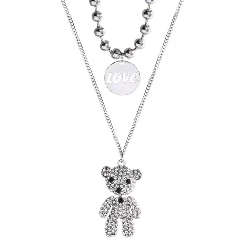 2022 Personality Bear Pendant Hip Hop Double Necklace Gift Box Set Fashion Ladies Springboard Jewelry Wearing Gift