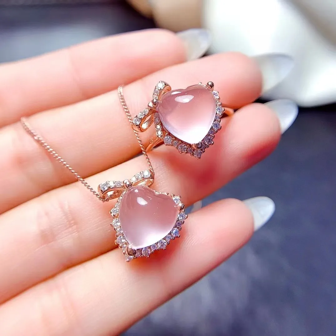 FS 10mm Natural Heart-shaped Rose Quartz S925 Sterling Silver Fine Weddings Jewelry Set for Women Ring Pendant 2-Piece MeiBaPJ