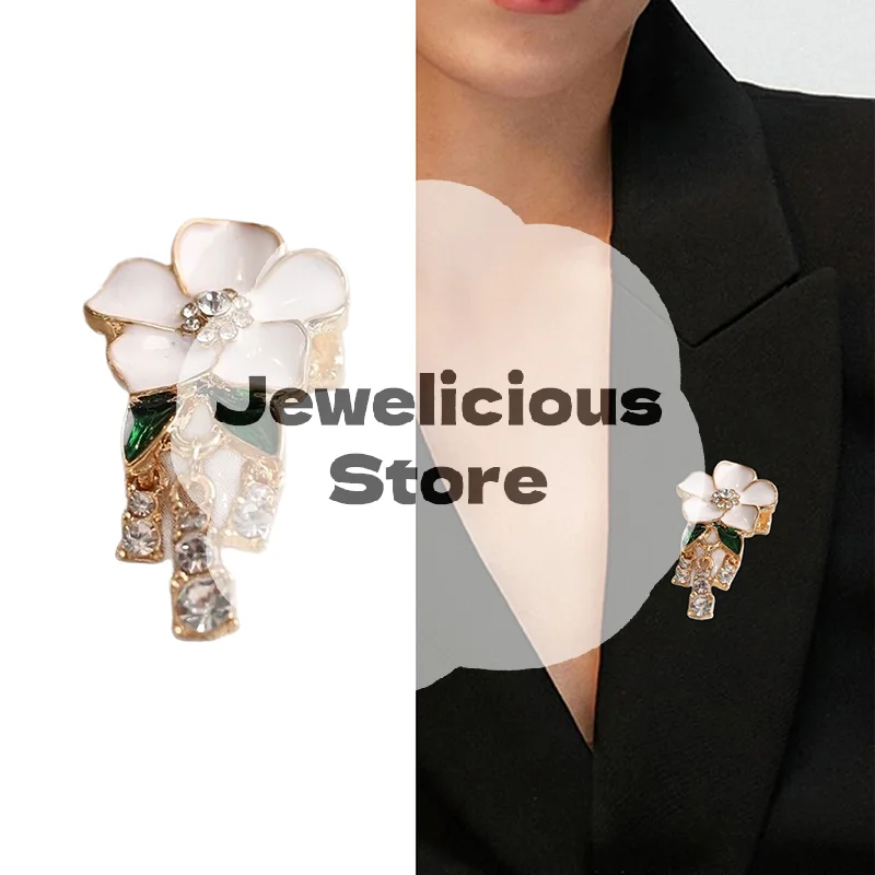 أنيقة الأبيض بالتنقيط النفط زهرة الكاميليا دبابيس للنساء سيدة مزاجه حجر الراين شرابة قلادة بروش مجوهرات الحفلات عادية