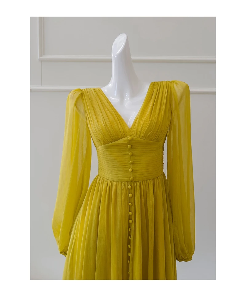 Lingzhi Wu M ustard Yellow Long Dress French Vintage Sexy Slim Waist Folds Laziness Elegant Top Quality Vestidos ExpansionBottom