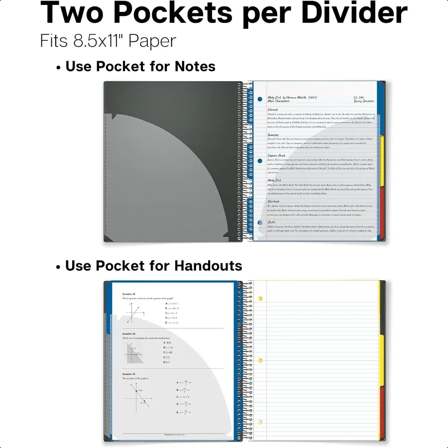 Quaderno a 3 soggetti College a righe 8,5 x 11 Nero 150 fogli (300 pagine) Quaderno a spirale 8,5x11 con linguette Divisori mobili Conservazione