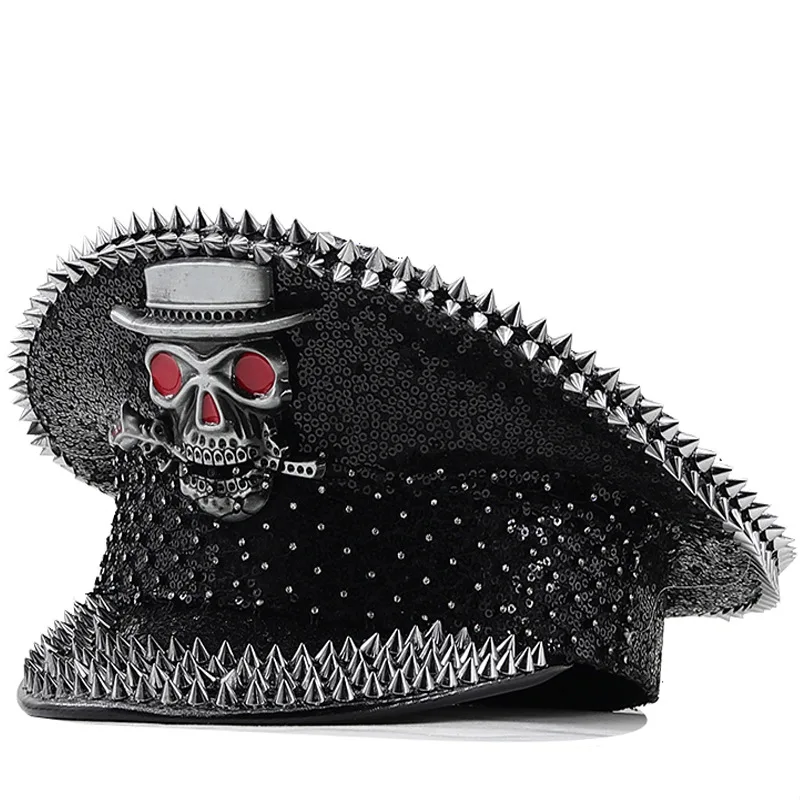 punk-skeleton-captain-hat-halloween-naval-travel-style-cap-flat-top-short-brim-bendable-rim-four-seasons-universal-hat