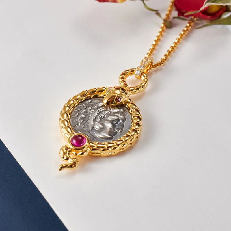 

Byzantine Solid Silver Ruby Serpent Greek Antique Coin Replica Pendant Roman Snake Necklaces C11N3S26057