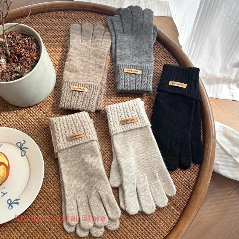 Gants chauds tricotés de couleur unie, à la mode, pour écran tactile, pour l'extérieur, résistant au froid, cyclisme, épais, automne et hiver