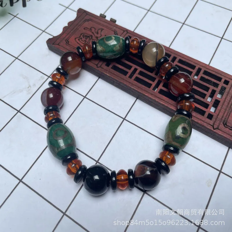 Tibetan Agate Three-Eyed Dzi Bead Bracelet Single Strand Red
