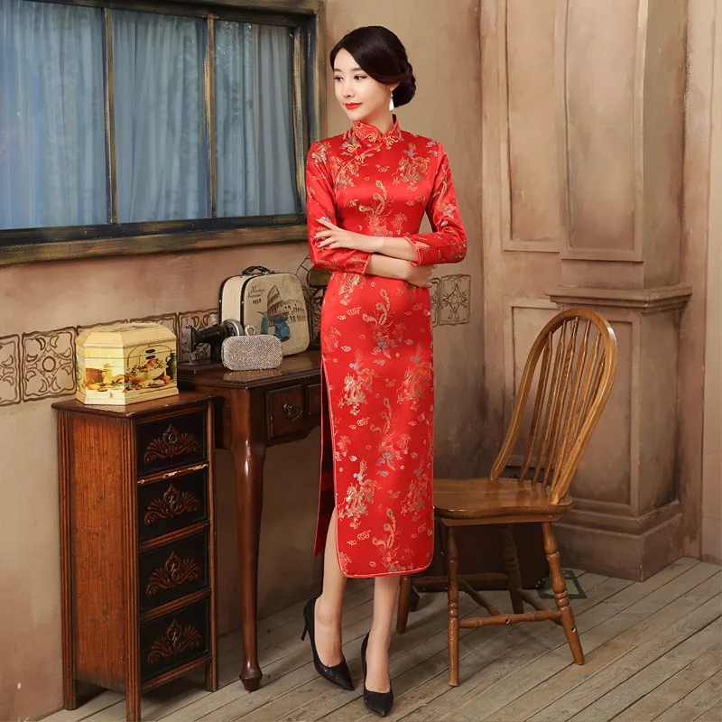 

Women Long Cheongsam Slim Vintage 3/4 Sleeve Dress Dragon Qipao Tang Suit Long Dresses
