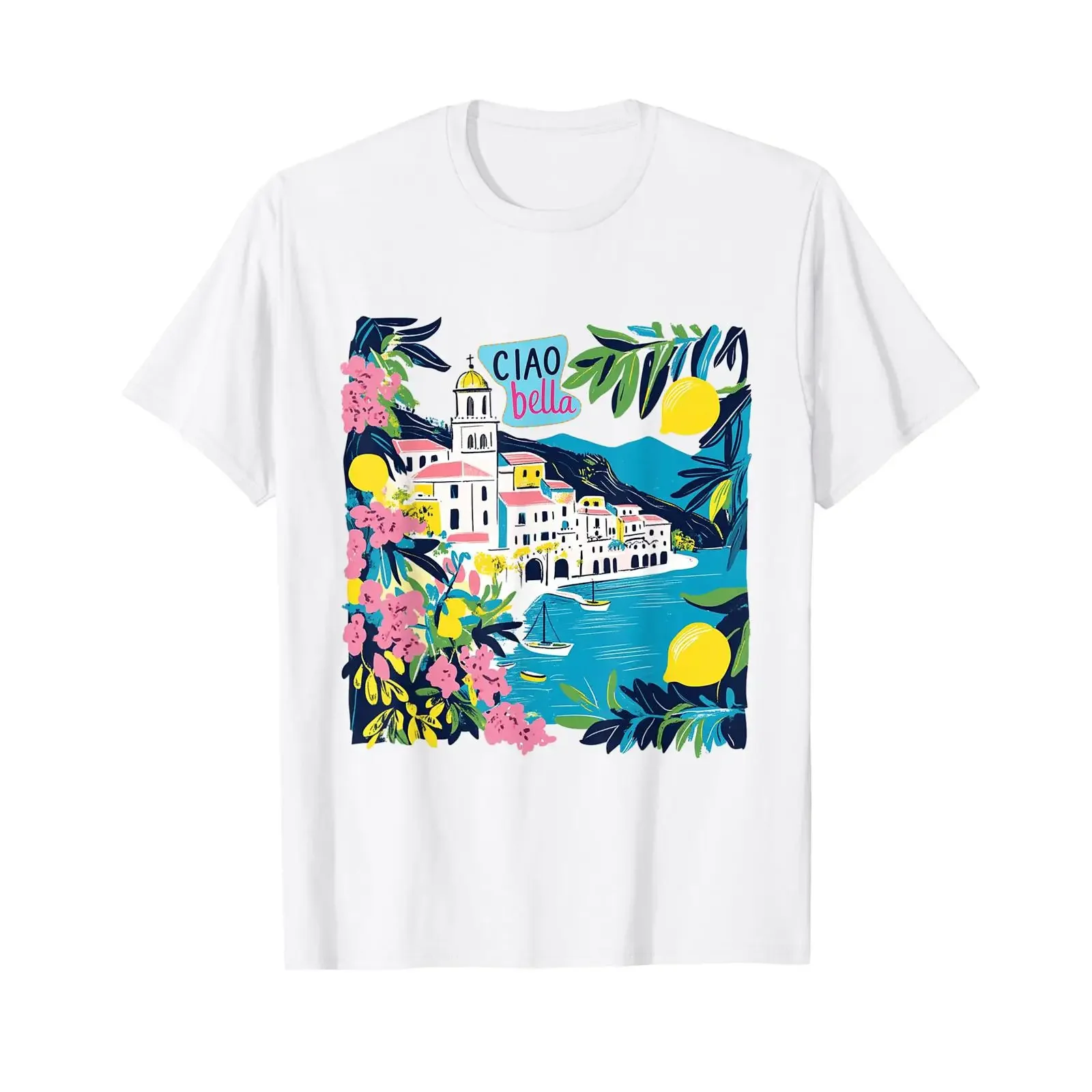 Camiseta Ciao Bella Italia Costa de Amalfi, estilo vintage, lavada, ligeramente elástica, para uso diario, ropa de diseñador, gráfico, unisex