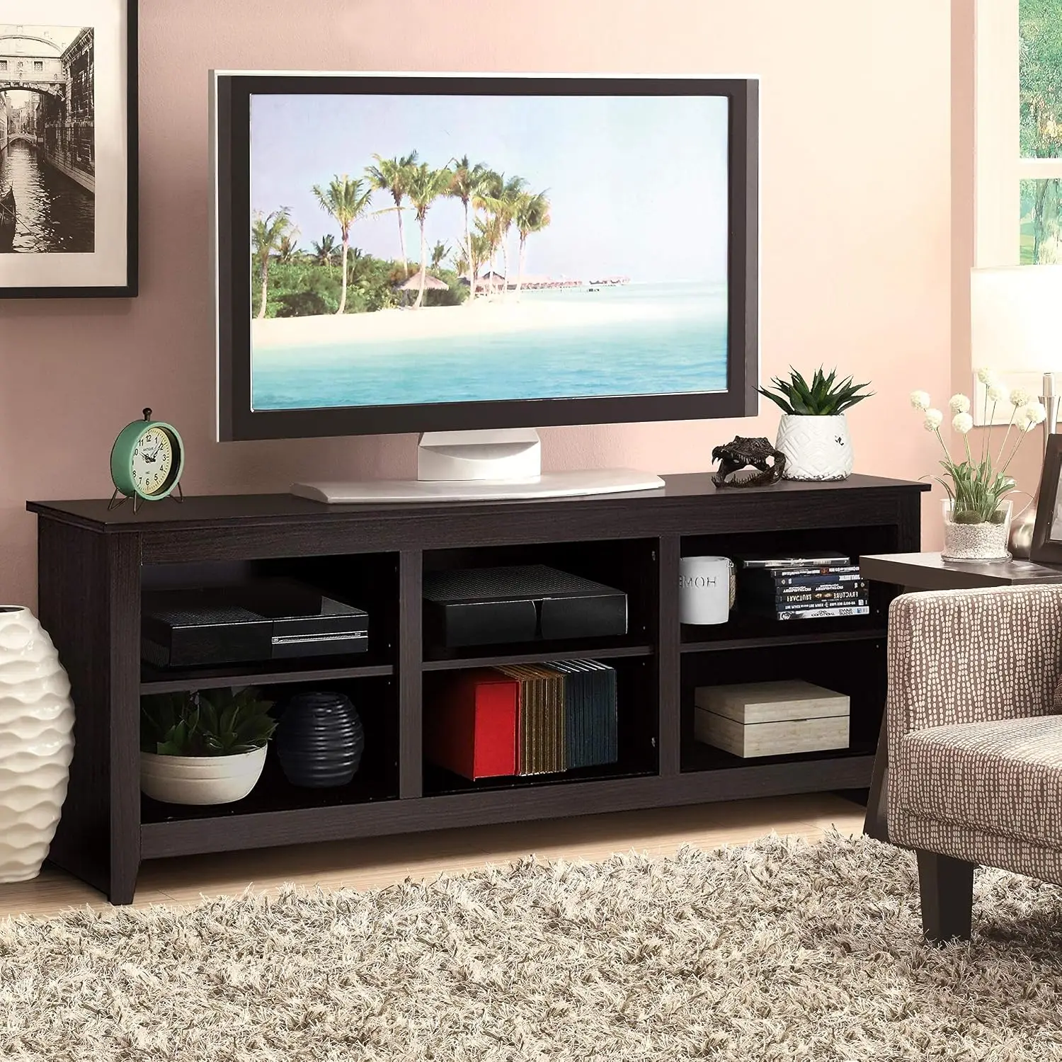 Wood TV Stand Console Table with Open Storage Shelves for TV up to 60