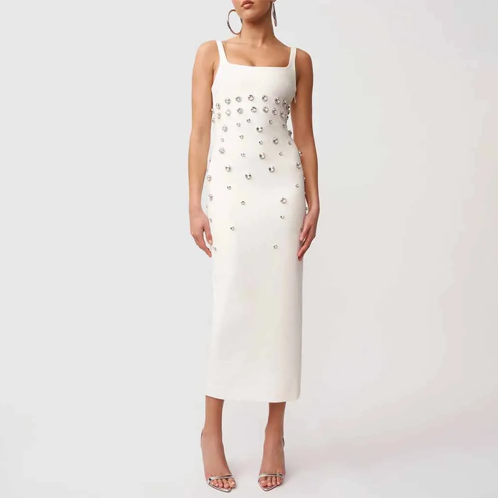 

Luxury Wedding Guest Dresses Jersey Sheath/Column Midi Wedding Dress Ivory Square Neck Rhinestone/Crystals Wedding Party Dress