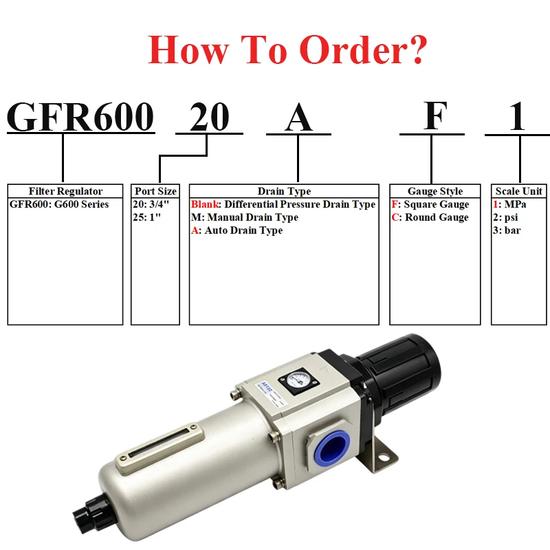 AirTAC GFR600-20 25 A-F1 C1 Air Filter Regulator Automatic Drain Air Source Processor Pneumatic Pressure Regulating Valve