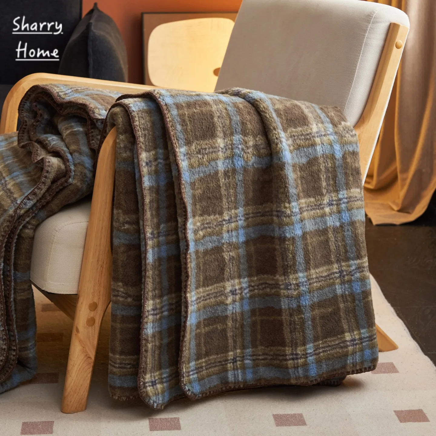 

Retro Briti Sle Blue Khaki Plaid Polyester Fiber Blanket Warm Cozy Sofa Cover Blanket Bedroom Nap Blanket All Seasons