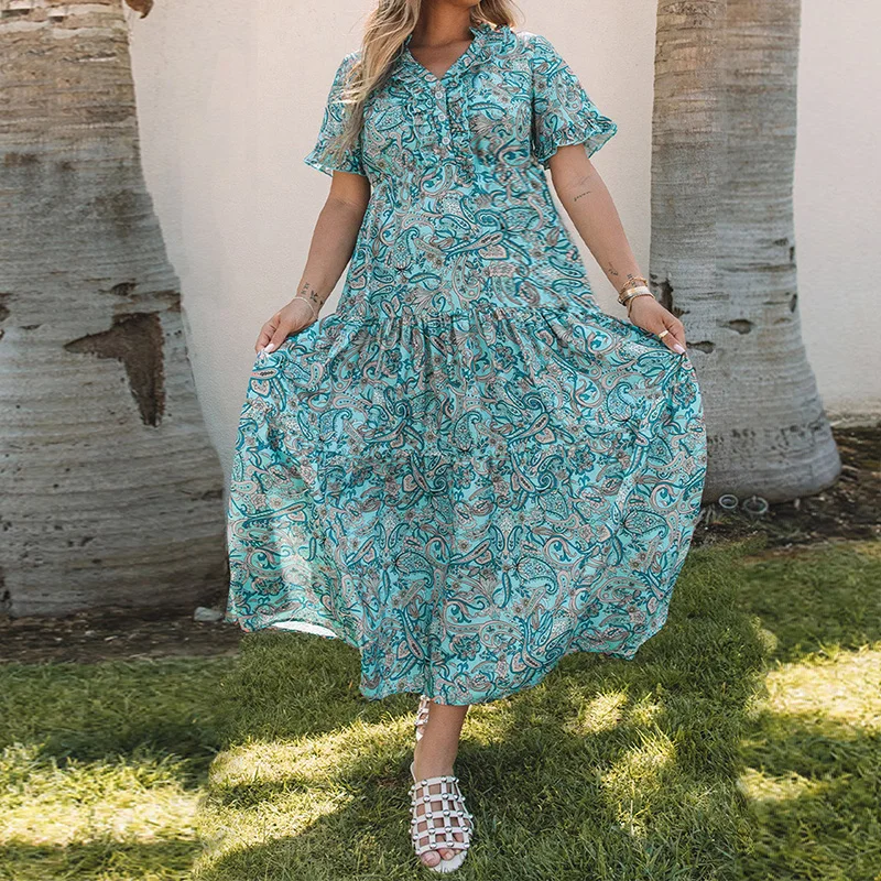 Übergröße Paisley-Print Kleid V-Ausschnitt Kurzarm Böhmisches Urlaubskleid mit Rüschen und Lagen für Damen – Detail 3