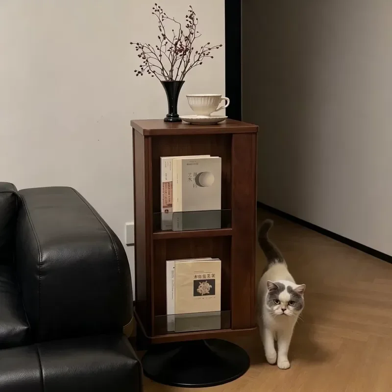 New Chinese Style Black Walnut Solid Wood Corner Cabinet Rotatable Side Table Living Room Storage Shelf Bookcase