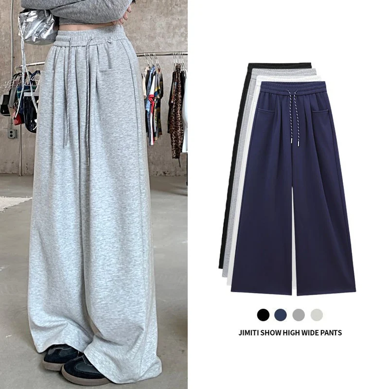 Pantalones Retro informales de cintura alta para mujer, cómodos pantalones de pierna ancha, ropa de calle coreana, pantalones con cordón