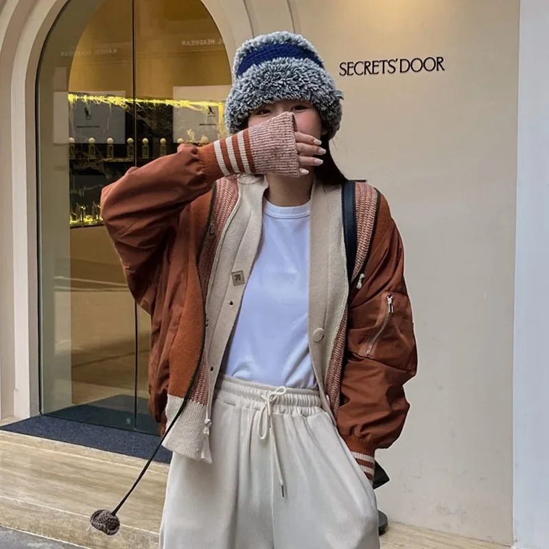 

Fashion Contrast Color Knit Stitching Batwing Sleeve Short Coat Autumn Women Green Khaki Casual V-neck Female Baseball Jacket