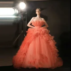 Pretty Coral Color Puffy Tulle Bridal Dresses Off The Shoulder Ruffles Tiered Tulle Ball Gowns Long Women Formal Dress