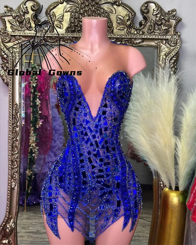 Royal Blue Sheer O Neck Short Prom Dress For Black Girl Beaded Crystal Diamond Birthday Party Dresses Mini Cocktail Customized