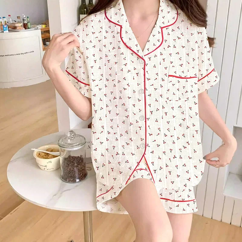 Korean Fresh Literary Sweet Print Women Pajamas Japanese Harajuku Simple Y2k Homewear 2024 New Summer Wrinkled Fabric Nightwear