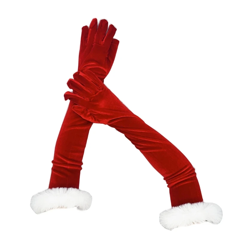 Y166 Teens Cosplay Santa Winter Gloves with Bells/White Cuffs Plush Keep Warm Gloves