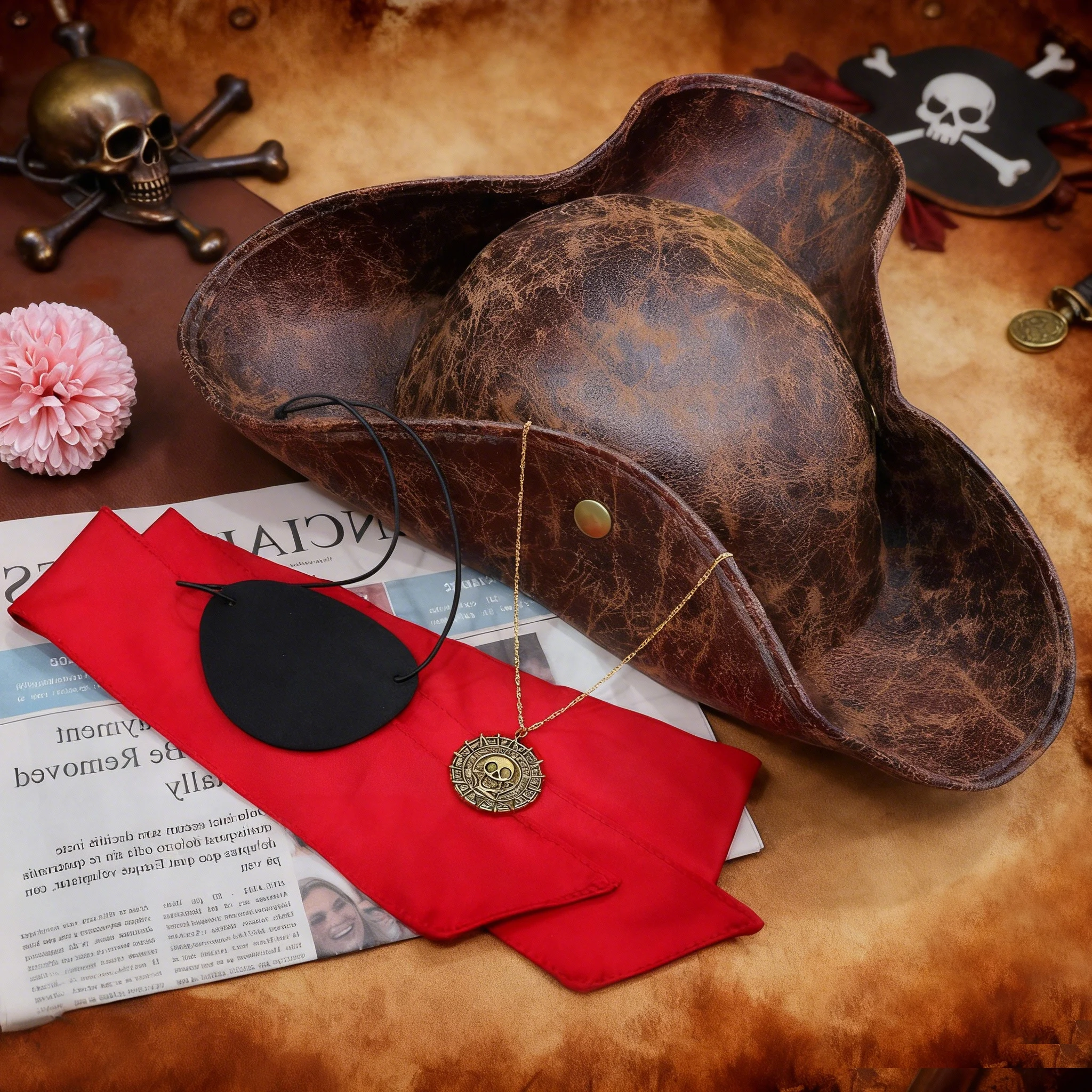 قبعة قرصان عصر النهضة للبالغين من الجلد الصناعي البني قبعة تريكورن للرجال والنساء وإكسسوارات أزياء القراصنة التنكرية للهالوين